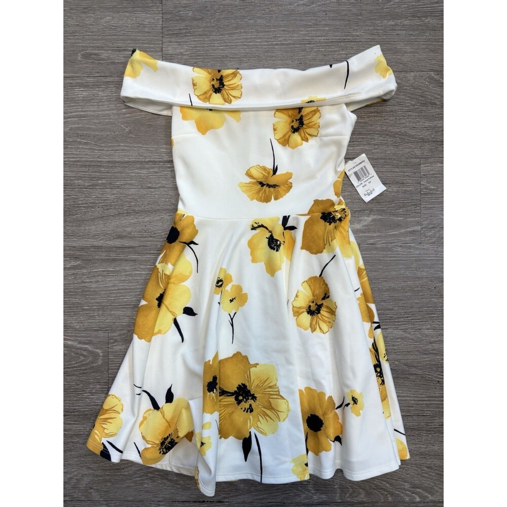 B Darlin Juniors' Yellow Floral Dress Off-the-shoulder Neckline Size 3/4